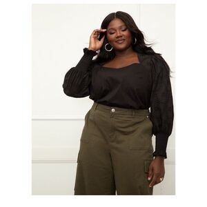 ELOQUII Elements Women's Plus Size Eyelet Puff Sleeve Top Size 18 Black Eyelet